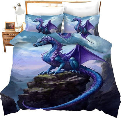 Dragon Bedding Set 3 Pieces Twin Size Purple Dragon Duvet Cover Comforter Cover Sets for Boys Girls Teens Women