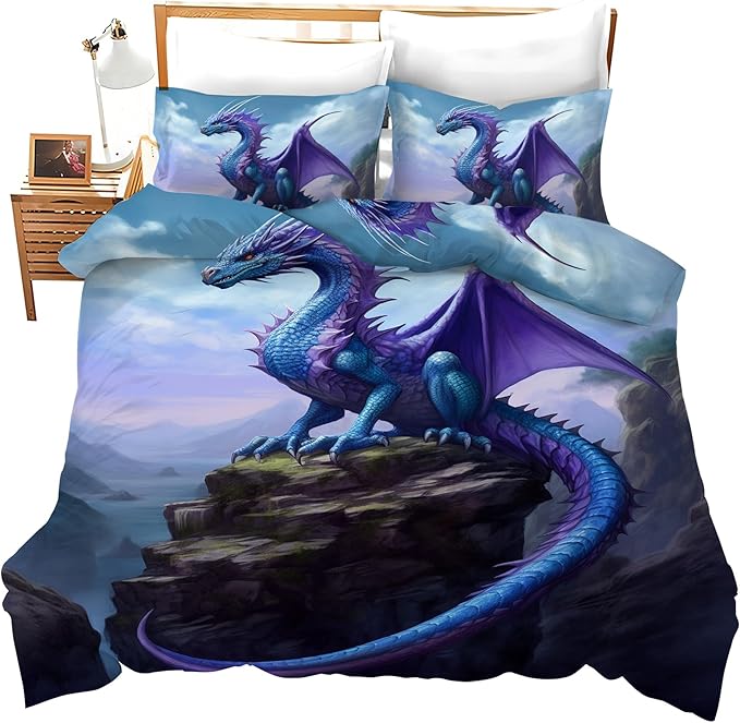Dragon Bedding Set 3 Pieces King Size Purple Dragon Duvet Cover Comforter Cover Sets for Boys Girls Teens Women