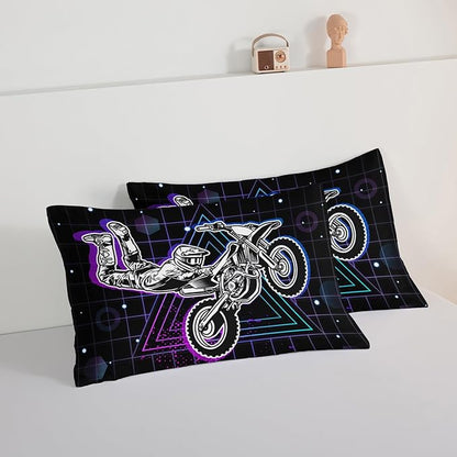 HOSIMA Motorcycle Racer Comforter Extreme Sports Theme Bedding Set for Kids Teens Men, King Size, Purple Line Grid Black Comforter with 2 Pillowcases.