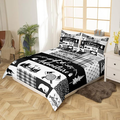 Rustic Farmhouse Bedding Set Twin Size,Deer Bear Wolf Wild Animals Hunting Comforter Cover Set for Kids Girls,Adventure Plaid Black Check Tribal Bedding Quilt Cover Set Bedroom Decor, 2 Pcs