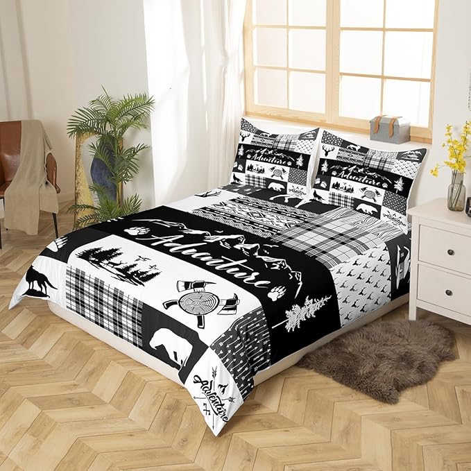Castle Fairy Rustic Farmhouse Duvet Cover Set Full Size,Deer Bear Wolf Wild Animals Hunting Comforter Cover with 2 Pillowcases,Adventure Plaid Black Check Tribal Breathable Bedspread for Boys Teens