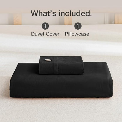 JELLYMONI Cotton Duvet Cover Twin Size - Pure Black Comforter Cover with Button 100% Washed Cotton 2PCS Breathable Soft Solid Bedding Set Duvet Cover 68×90in & 1 Pillowcase (NO Comforter)