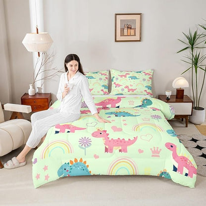 Castle Fairy Kawaii Dino Kids Comforter Set Twin Size,Cute Rainbow Floral Love Heart Reversible Bedding Sets for Teens Bedroom Decor,Pink Green Dinosaur Lovely Animal Quilted Duvet,1 Pillowcase