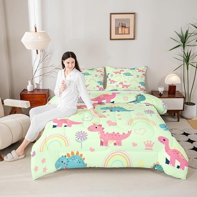 Castle Fairy Kawaii Dino Kids Comforter Set Queen Size,Cute Rainbow Floral Love Heart Reversible Bedding Set for Girls Bedroom Decor Pink Green Dinosaur Lovely Animal Quilted Duvet,2 Pillowcases