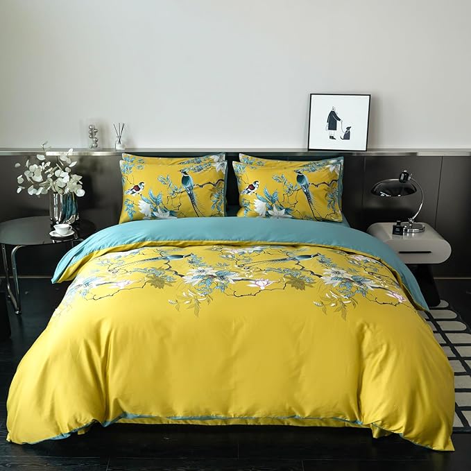 Floral King Duvet Cover 100% Soft Cotton 3 Piece Birds Flowers Garden Tree Branches Print Reversible Duvet Cover with Zipper Closure