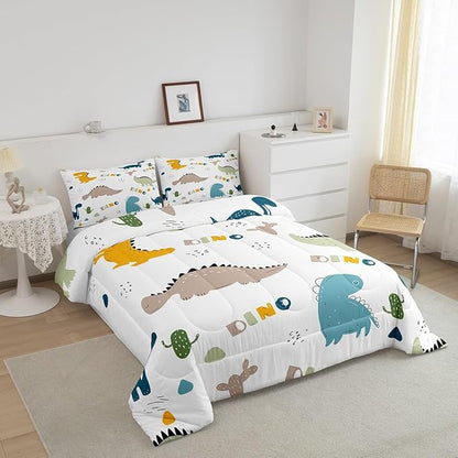 Feelyou Cute Dinosaur Comforter Set Cartoon Cactus Bedding Set Decor Jungle Dino Boho Succulent Comforter Wild Animal Pattern Yellow Grey Duvet Set Bedroom Quilt Set 3Pcs King