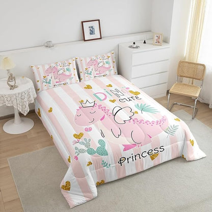Castle Fairy Pink Dino Comforter Set Twin Size,Kawaii Cute Dinosaur Princess Bedding Set for Kids Boys Men,Cartoon Animal Girly Heart Stripes Quilted Duvet Set with 1 Pillowcase