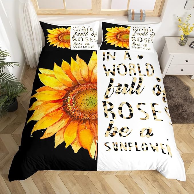 Castle Fairy Watercolor Sunflowers Bedding Set Queen Size,Yellow Floral Theme Duvet Cover Set for Children Xmas Bedroom Present, Leopard Art Word Print Microfiber Comforter Cover with 2 Pillowcases