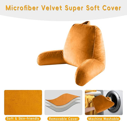 Reading Pillow for Sitting in Bed Adult, X-Large Reading Pillow with Shredded Memory Foam, Back Pillow for Sitting Up with Extend Arms, Pockets, Bed Pillow with Washable Cover, Orange