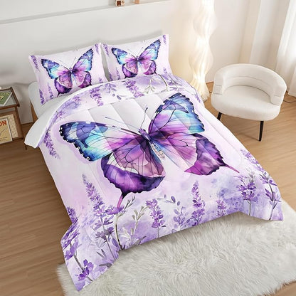 Beautiful Butterfly Comforter Set Twin Size,Blossoming Lavender Flowers Bedding Set for Kids Girls Toddlers Room Decor,Nature Insect Themed Comforter Sets with 2 Pillowcases.