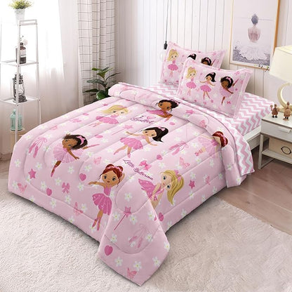 Twin Bedding Set for Girls Kids 5 Pieces Comforter Sets Bed in a Bag Pink Floral Ballerina Bedding Comforter Sheet Set Cute Bedroom Decor