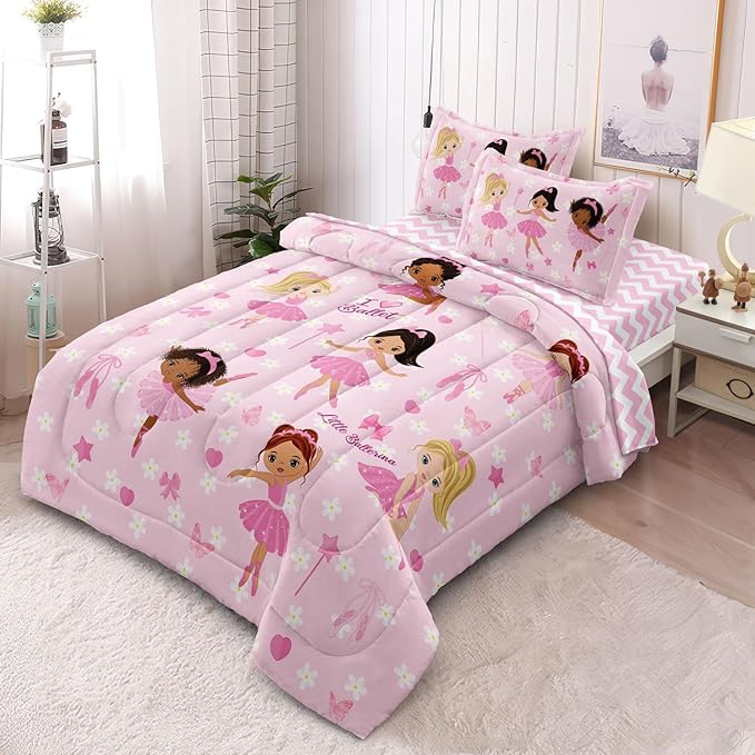 Full Bedding Set for Girls Kids 5 Pieces Comforter Sets Bed in a Bag Pink Floral Ballerina Bedding Comforter Sheet Set Cute Bedroom Decor