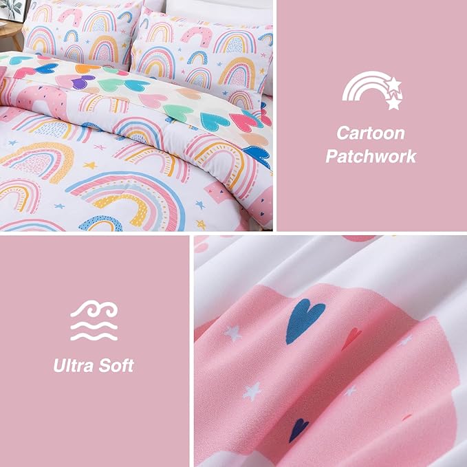 A Nice Night Lightweight Soft Cartoon Rainbow 6Pcs Twin Comforter Sets, Love Hearts Printed Bedding Set for Boys Girls,White