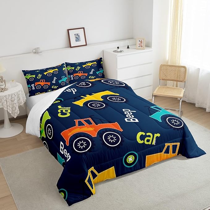 Feelyou Cartoon Car Bedding Set Construction Kids Comforter Set Boys Equipment Trucks Decor Comforter Cartoon Car Excavator Tractor Duvet Set Quilt Queen Boys