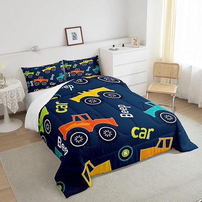 Feelyou Cartoon Car Bedding Set Construction Kids Comforter Set Boys Girls Equipment Trucks Decor Comforter Microfiber Cartoon Car Excavator Tractor Duvet Set Bedroom Quilt Set Full