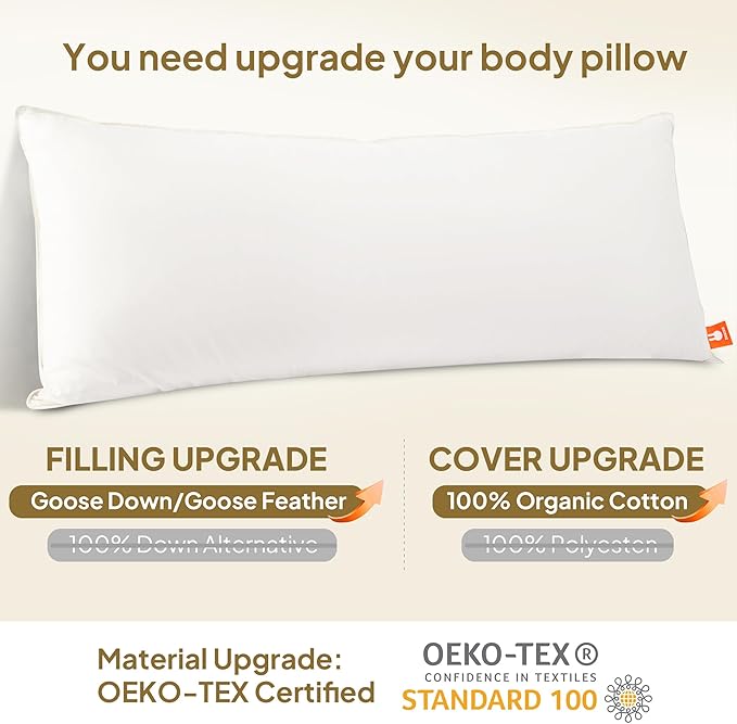 Goose Down Body Pillows for Adults, Large Body Pillow for Side Sleeper, Hugging Feather Body Pillow Insert, Cooling 20x54 Full Length Long Pillow for Bed with 100% Organic Cotton Shell, White 20"x54"