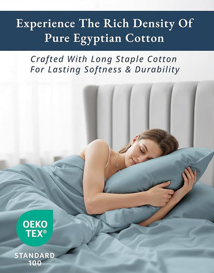100% Egyptian Cotton Queen Size Sheet Set - Naturally Breathable & Durable Winter Comfort, Ultra-Soft Hotel Luxury Comfort with 15" Deep Pocket Queen Sheets, Silky Sateen Weave - French Blue