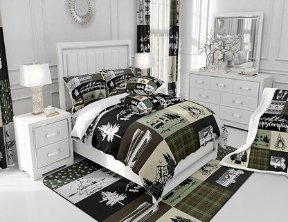 Camping Camper Bedding Set Twin Size,RV Inside Decor Rustic Patchwork Comforter Cover Set for Kids Girls,Farmhouse Lodge Hunting Green Check Bedding Quilt Cover Set Bedroom Decor, 2 Pcs