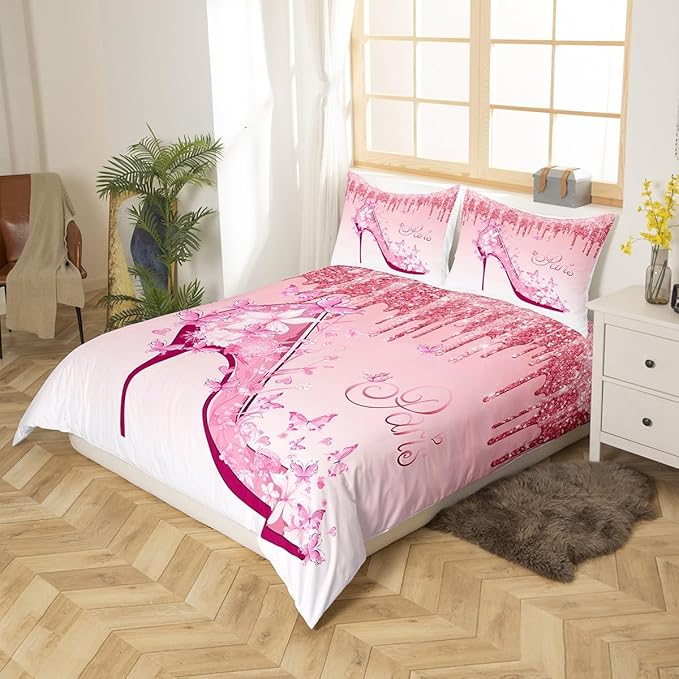 Woman Pink Paris Bedding Set King Size,Flowers Butterfly High Heels Print Duvet Cover 3Pcs,Kids Girls Fashion Glitter Comforter Cover Romantic Modern Quilt Cover Bedroom Decor,2 Pillowcases
