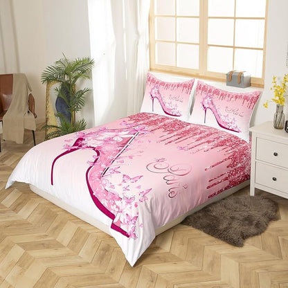 Woman Pink Paris Bedding Set King Size,Flowers Butterfly High Heels Print Duvet Cover 3Pcs,Kids Girls Fashion Glitter Comforter Cover Romantic Modern Quilt Cover Bedroom Decor,2 Pillowcases
