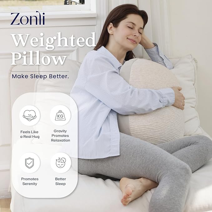ZonLi Weighted Pillow for Adults 6.5Lbs, Washable Hug Pillow Get Better Sleep, Detachable Sensory Body Weighted Pillows, Memory Foam Bed Pillow (Beige)