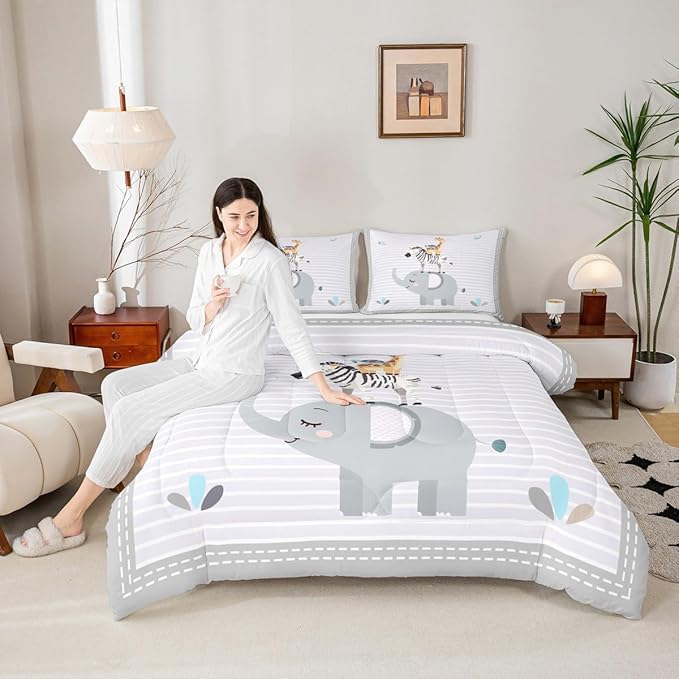 Cute Animals Kids Comforter Set Cartoon Elephant Zebra Giraffe Bedding Set Queen Size for Boys Girls Teens Bedroom Decor Grey White Geometric Stripes Quilted Duvet All Season Duvet Insert 3pcs