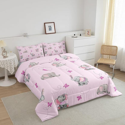 Lovely Elephant Kids Comforter Set Queen Size,Purple Butterfly Cartoon Wildlife Reversible Bedding Set for Adult,Watercolor Grey Pink Animal Luxury Bed Duvet Insert,2 Pillowcases