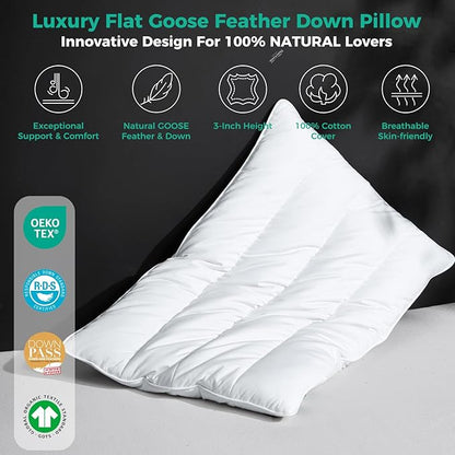 Three Geese Luxury Flat Thin Goose Feather Down Pillows Queen Size, 3" Height, 100% Cotton Cover, Medium Firm Hotel Collection Ultra Slim Thin Bed Pillows, Machine Washable, 18 x 30 Inches