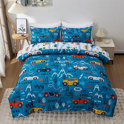 NTBED 5 Pieces Racing Cars Comforter Set Twin for Boys Kids Bed in a Bag Vehicles Transportation Lightweight Microfiber Bedding Sets,Blue