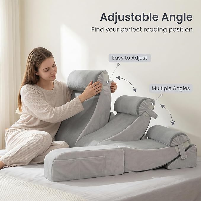 Reading Pillow for Sitting in Bed Adult, Back Support Pillow for Bed Sitting Up, Husband Pillow with Arms, Bed Pillow with Pocket for Reading/Gaming/Resting/Watching TV