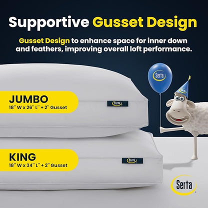 Serta Hotel Collection Pillows King Size Set of 2 White Goose Feather Down Fiber Gusseted 100% Cotton Pillow for Back, Stomach or Side Sleepers