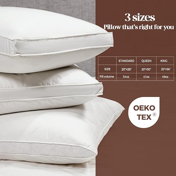 Bafode Goose Feathers Down Pillows, Pillows King Size Set of 2, 100% Cotton Cover,Gusseted Hotel Collection Bed Pillow for Back, Stomach or Side Sleepers