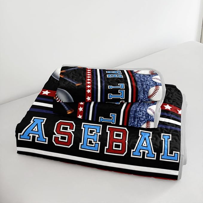 QOOMO Baseball Quilt Set Full/Queen Size,Sports Games Bedspread Coverlet Set,Sports 3Pcs Bedding Set Printed Quilt with 2 Pillowcases,Soft and Lightweight,for All Seasons