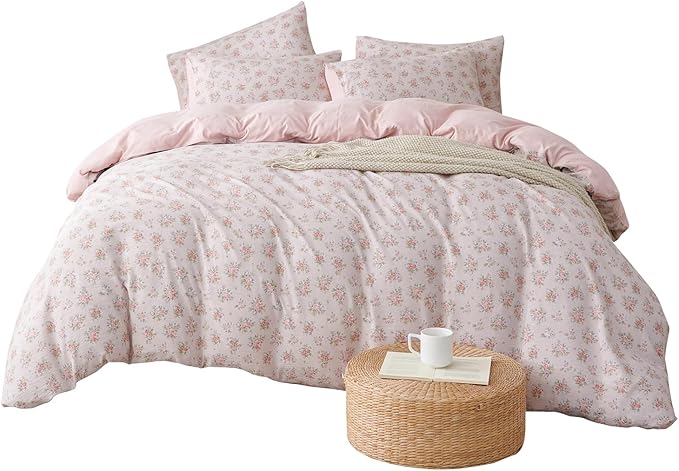 Duvet Cover Set Queen Size Floral Luxury Soft Brushed Microfiber Crinkle Gauze Fabric 3 Pieces Bedding Set Flower Pattern Queen Duvet Cover with Zipper Closure Breathable Comfy