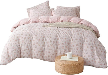 Duvet Cover Set Queen Size Floral Luxury Soft Brushed Microfiber Crinkle Gauze Fabric 3 Pieces Bedding Set Flower Pattern Queen Duvet Cover with Zipper Closure Breathable Comfy
