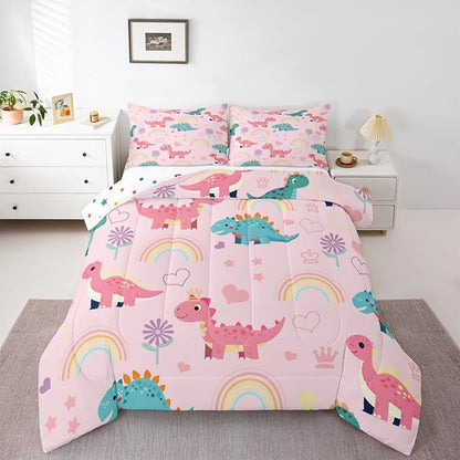 Lovely Dino Kids Bedding Sets Cute Rainbow Floral Love Heart Reversible Comforter for Boys Pink Blue Dinosaur Kawaii Animal Quilt Set Soft Duvet Insert,1 Pillowcase Toddler Size