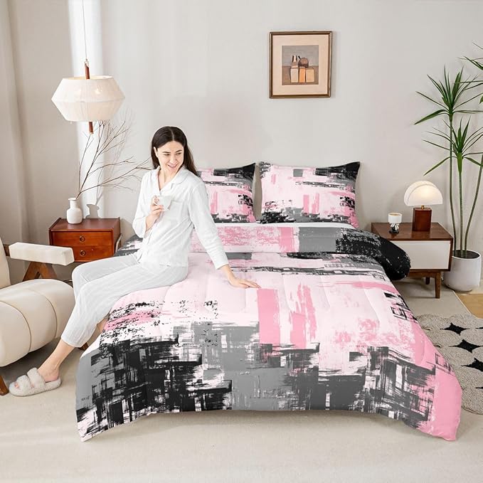 Feelyou Abstract Bedding Set Kids Modern Abstract Art Comforter Set Pink Black Comforter for Boys Room Decor Lightweight Retro Duvet Set Queen Size with 2 Pillow Case