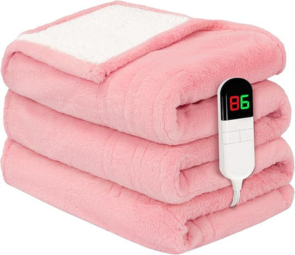 Premium Heated Throw Blanket 50"×60" - Ultra Cosy Soft Electric Blanket with 8 Heating Levels,Plush Fast Heating Faux Rabbit Fur Blanket for Bed & Couch - Auto Shut Off,Machine Washable (Pink)