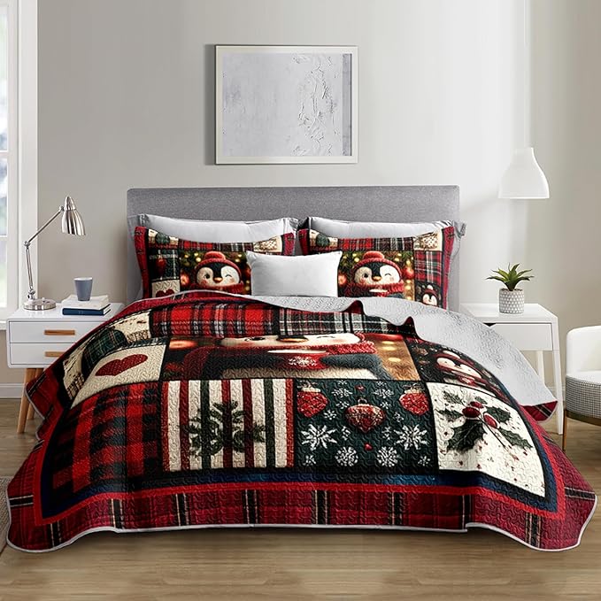 Cartoon Black White Penguin Quilts Bedding King 3Pcs Red Heart Snowflakes Bed Set Xmas Gift Patchwork Grid Pattern Bedspread Coverlet with 2 Pillowcases for Kid Boy Girl Teen Adult Room Decor