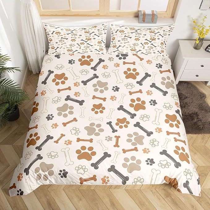 Dog Paw Print Comforter Cover Queen Size (Not Comforter),Bone Puppy Pets Animal Theme Bedding Set for Bedroom,Beige Cute Cartoon Design Polyester Duvet Cover with 2 Pillowcases, Soft