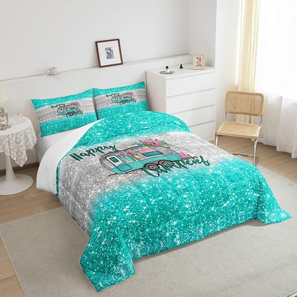 Feelyou Kids Camper Bedding Set Full Farmhouse Rustic Happy Camping Comforter for Girls Luxury Teal Glitter Floral Decor Comforter Set Camper Lover Quilt with 2 Pillow Case Boys