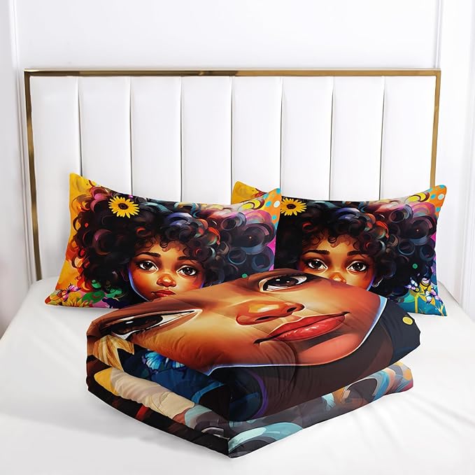 Black Girl Full Size Comforter Set for Girls, African American Girl Bedroom Decor with Sunflower and Butterfly, 1 Comforter and 2 Pillowcases