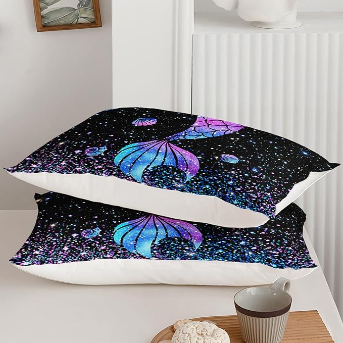 Purple Mermaid Tail Comforter Set for Girls Women, Mermaid Bedroom Decor for Girls Full Size, Kids Fish Scales Black Bedding Set with 1 Comforter and 2 Pillowcases