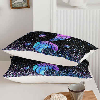 Purple Mermaid Tail Comforter Set for Girls Women, Mermaid Bedroom Decor for Girls Full Size, Kids Fish Scales Black Bedding Set with 1 Comforter and 2 Pillowcases