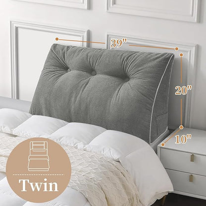 Sasttie Headboard Pillow Twin/Twin XL, Wedge Pillow Headboard for Dorm, Triangular Daybed Backrest Cushion for Sitting or Reading in Bed, with Removable Washable Cover, Light Grey