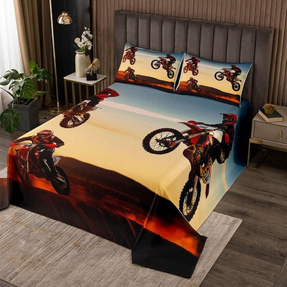 Feelyou Boys Motocross Rider Quilted Coverlet for Kids Adults Extreme Sports Theme Coverlet Set Motorcycle Pattern Bedspread Cool Dirt Bike Beding Collection Room Decor King Size