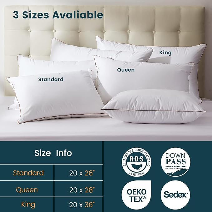 Luxury Down Fiber Pillows Standard Size Set of 2, Bed Pillows for Sleeping, Pillow for Back, Stomach or Side Sleepers, Soft and Support - 2 Pack, Standard Size(20" x 26")
