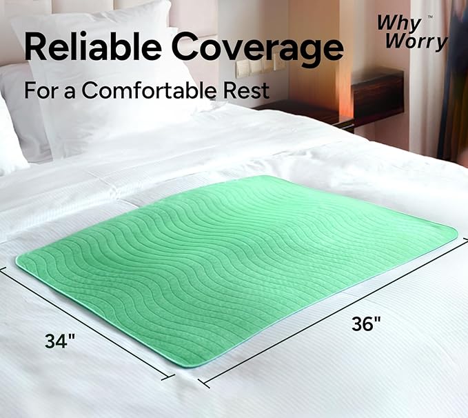 WhyWorry Washable Bed Pads for Adult Incontinence, 34" x 36" (Pack of 4) Washable Pee Pads for Bed Wetting, Heavy Absorbency Reusable Underpads for Elderly & Kids, Waterproof Mattress Protector, Green