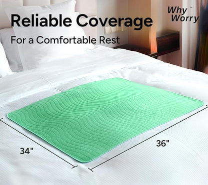 WhyWorry Washable Bed Pads for Adult Incontinence, 34" x 36" (Pack of 4) Washable Pee Pads for Bed Wetting, Heavy Absorbency Reusable Underpads for Elderly & Kids, Waterproof Mattress Protector, Green