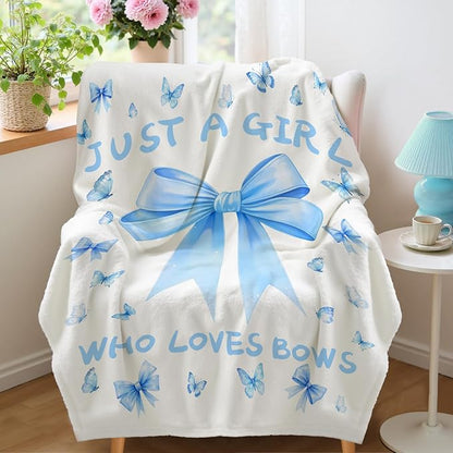 Bow Throw Blanket 60x50Inch Preppy Blanket Blue Bow Aesthetic Throw Blanket Coquette Flannel Soft Bow Plush Preppy Room Decor for Girls Women Birthday